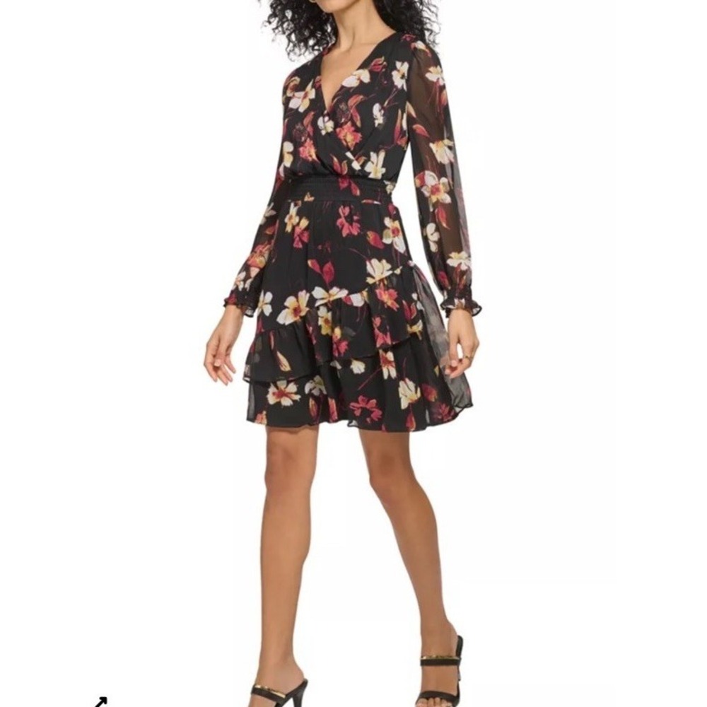 DKNY Womens Floral Chiffon Smocked Ruffle Hem Fit And Flare‎ Dress Black Sz 14